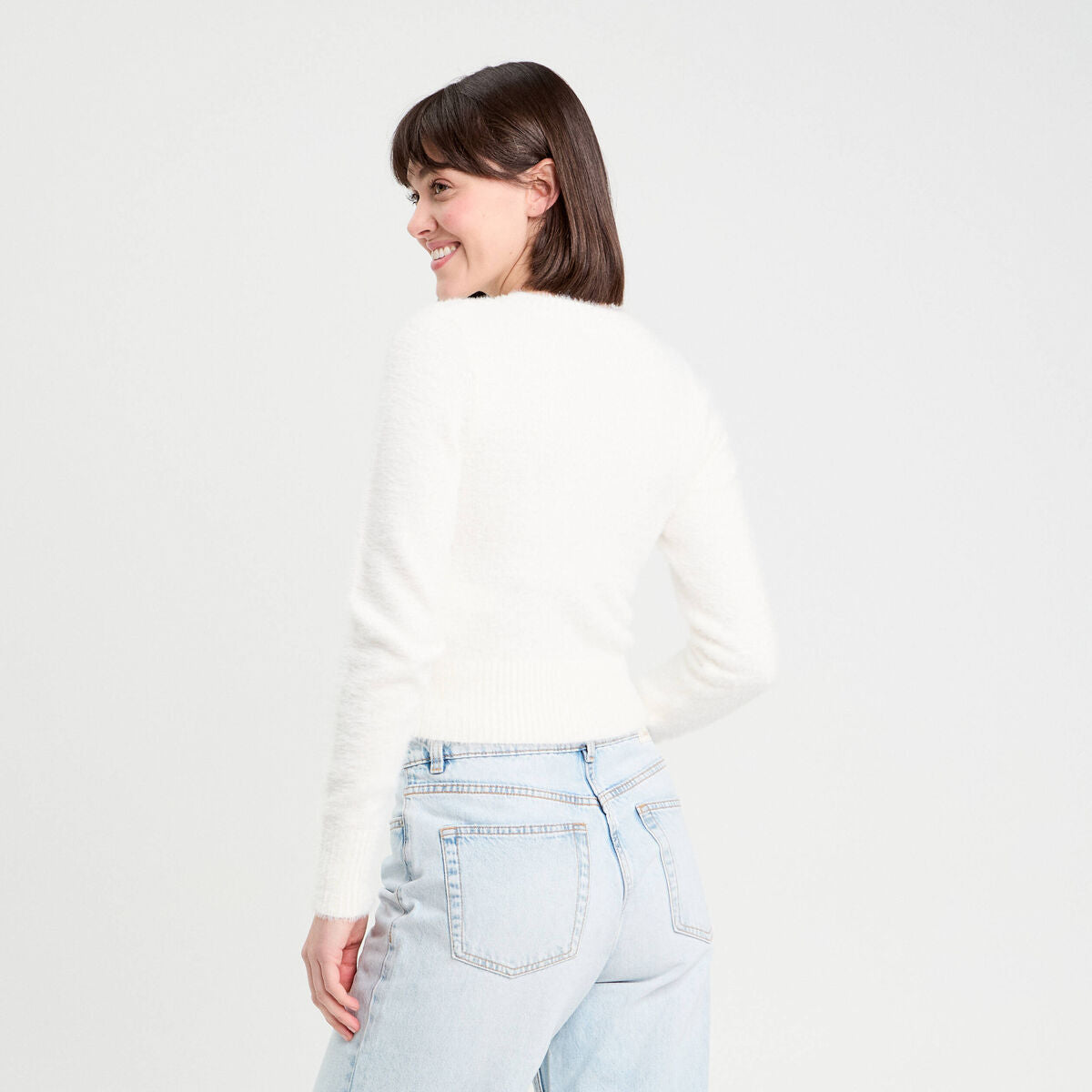 Gilet manches longues cropped ecru femme