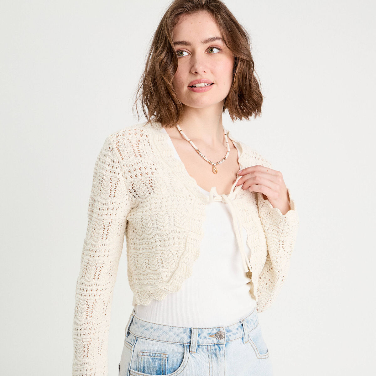 Gilet ajouré noué ecru femme