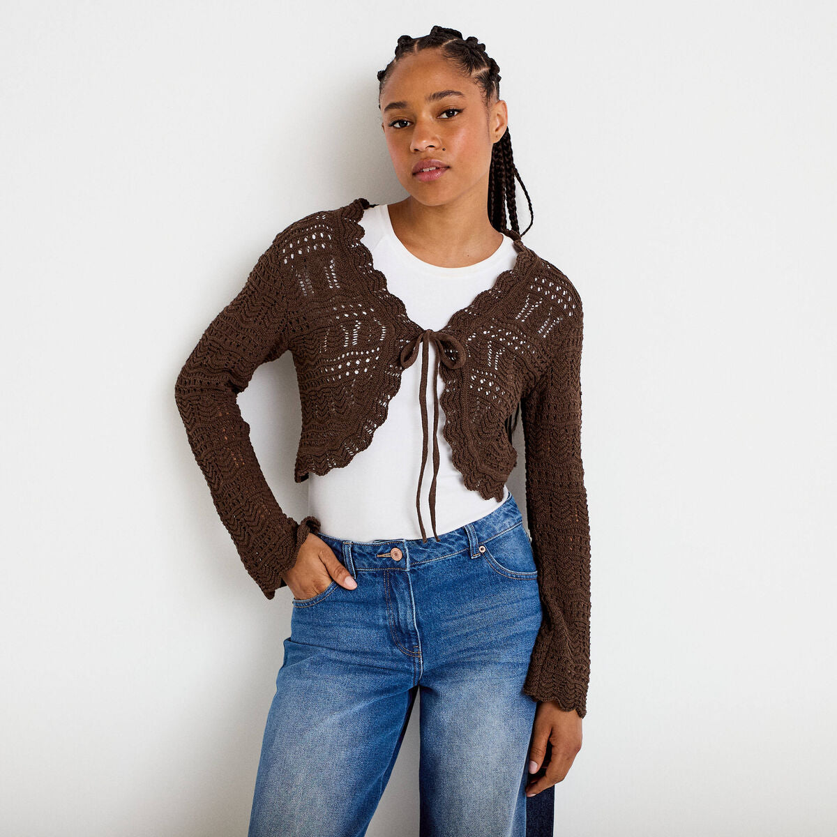 Gilet ajouré noué marron foncé femme