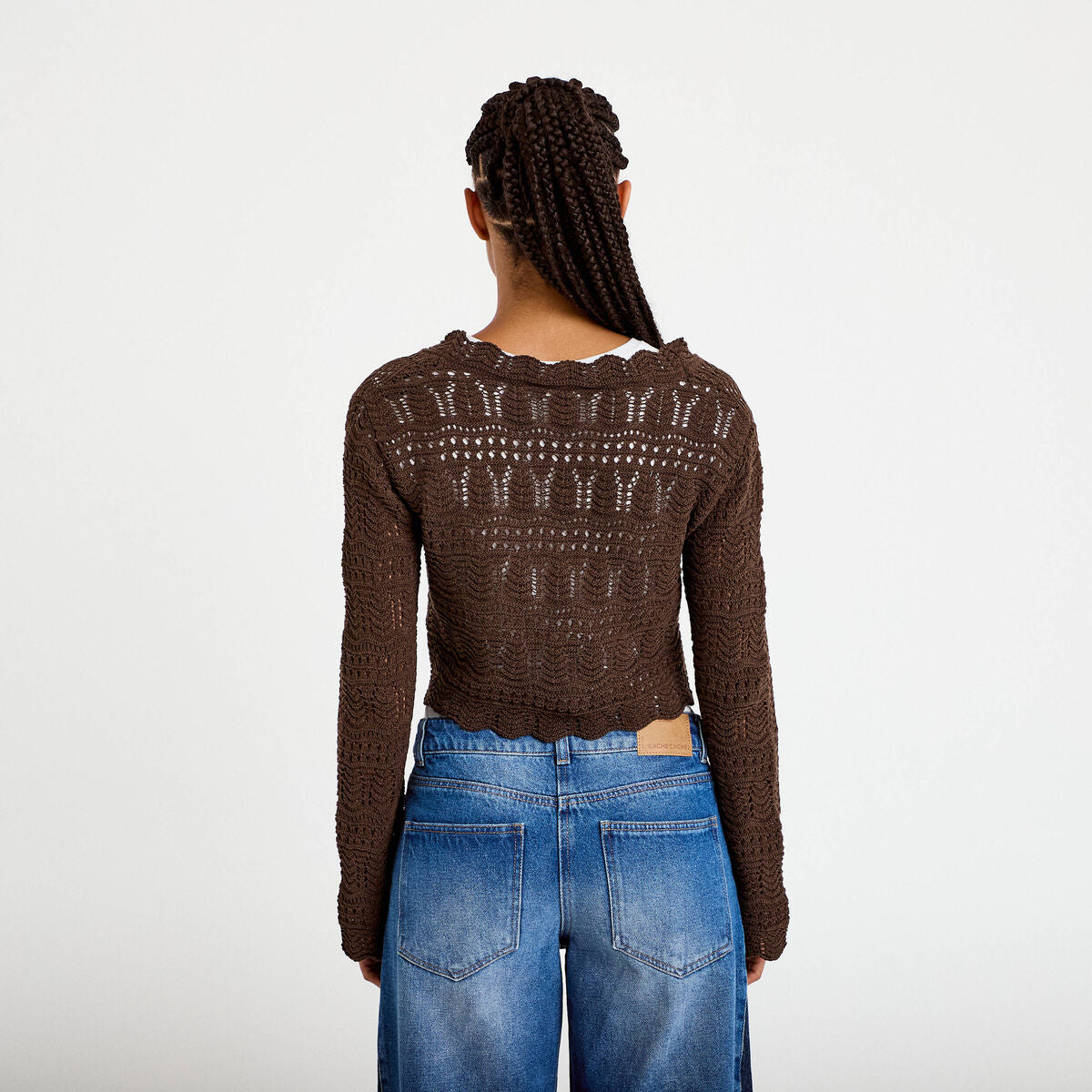 Gilet ajouré noué marron foncé femme