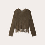Pull ajouré avec franges vert kaki femme