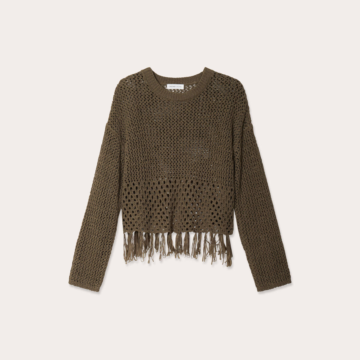 Pull ajouré avec franges vert kaki femme