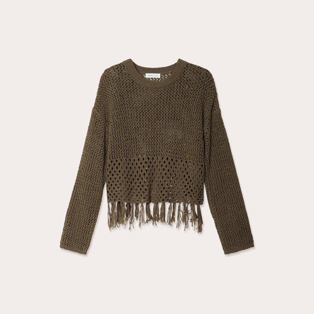 Pull ajouré avec franges vert kaki femme