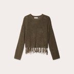 Pull ajouré avec franges vert kaki femme