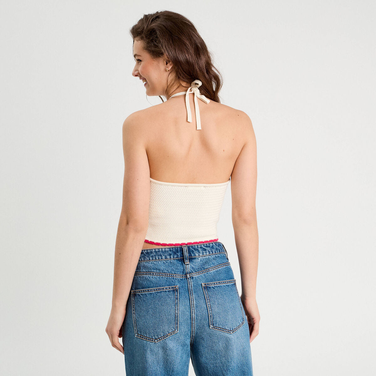 Crop top tricot brodé ecru femme