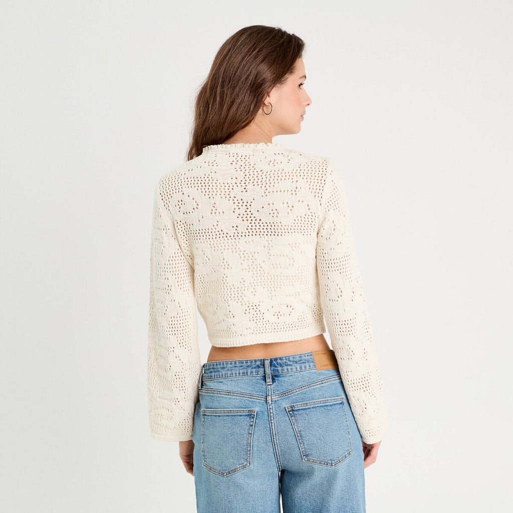 Pull ajouré manches longues ecru femme