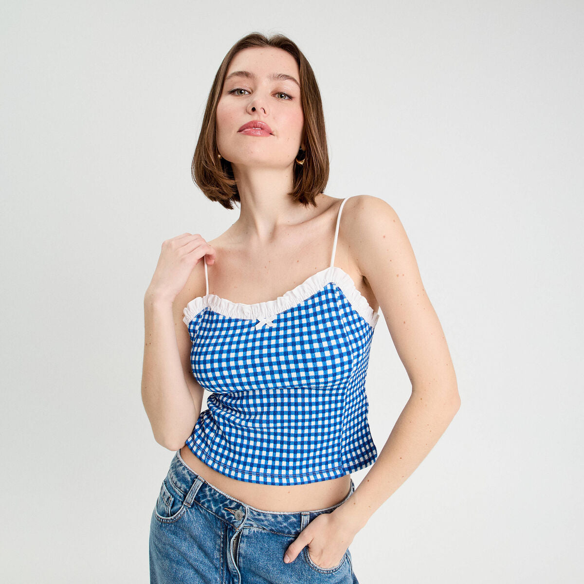 Débardeur cropped bretelles bleu electrique femme