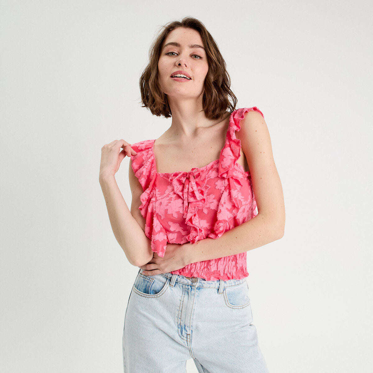 Débardeur sans manches volants rose femme