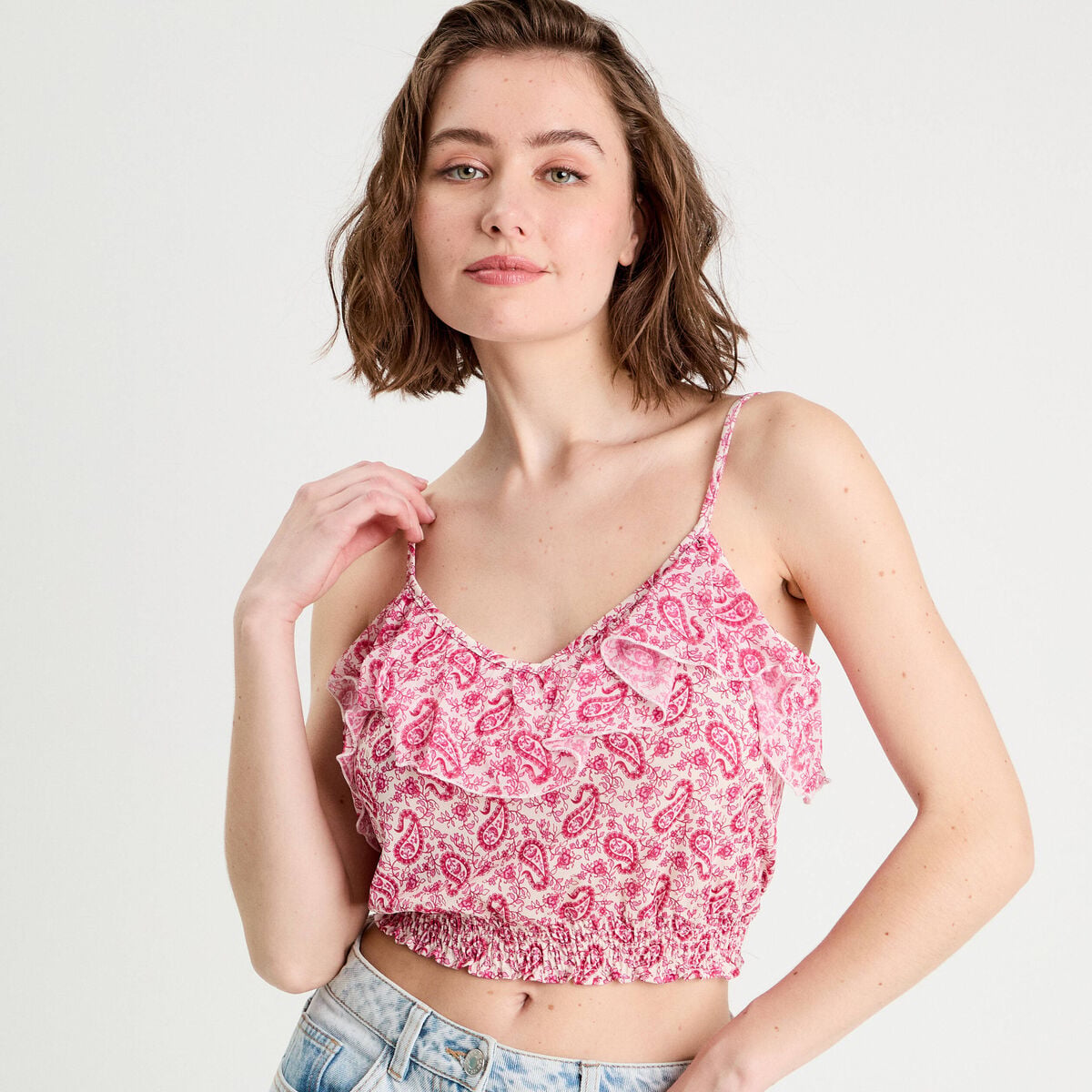 Débardeur cropped volants blanc femme