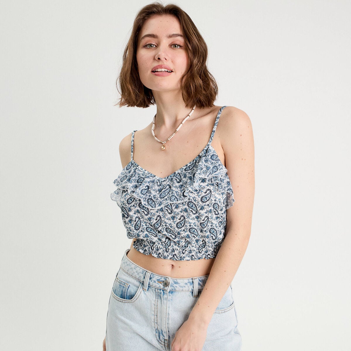 Débardeur cropped volants bleu femme