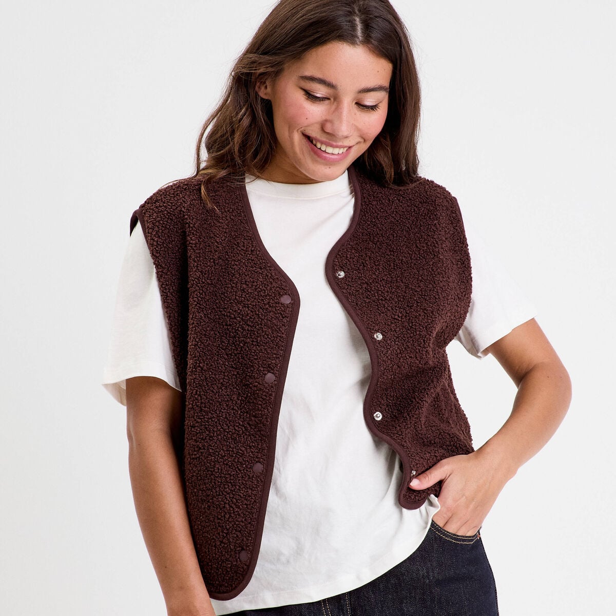 Gilet sans manches effet polaire marron foncé femme