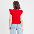 Débardeur volants brodés rouge femme