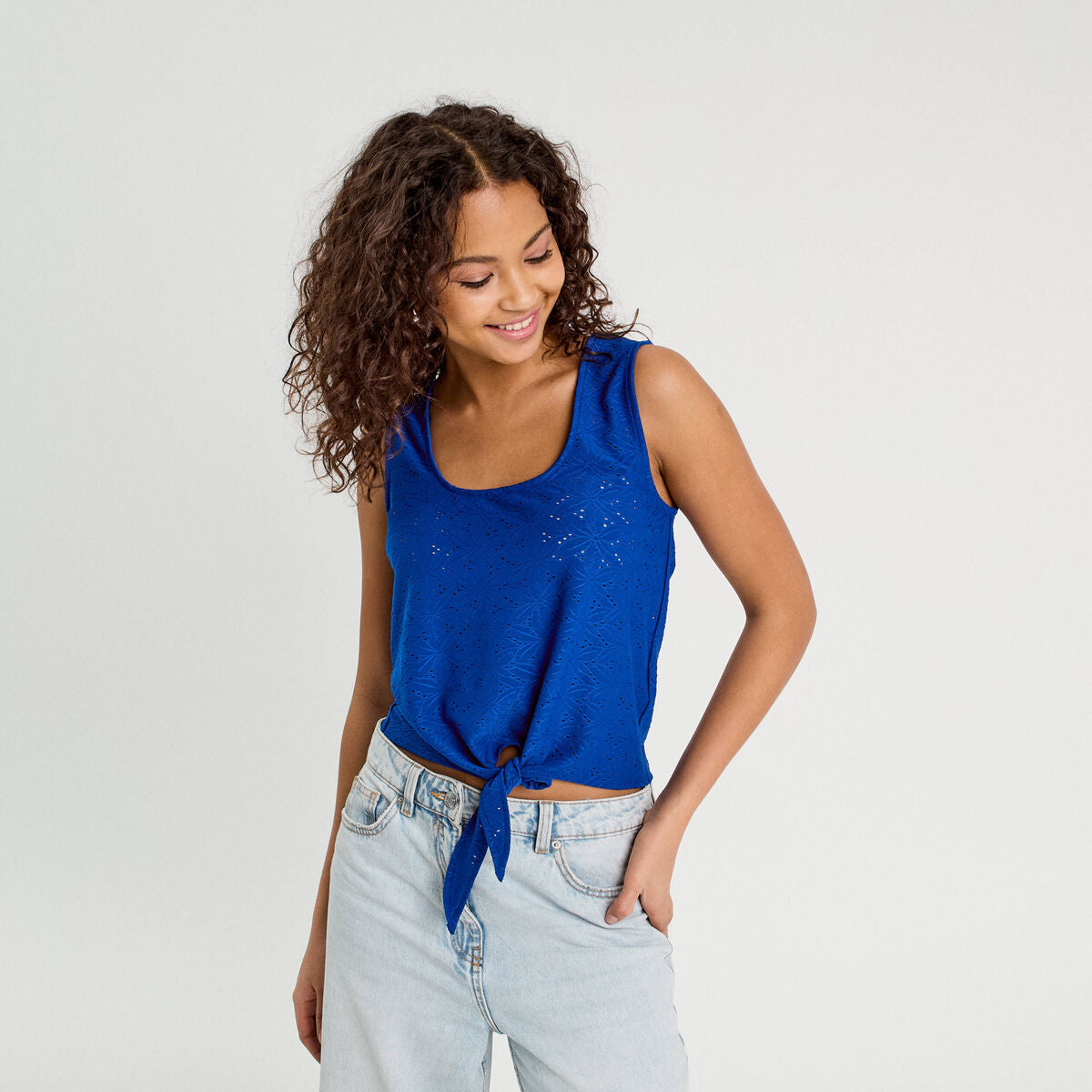 Débardeur cropped noué bleu electrique femme