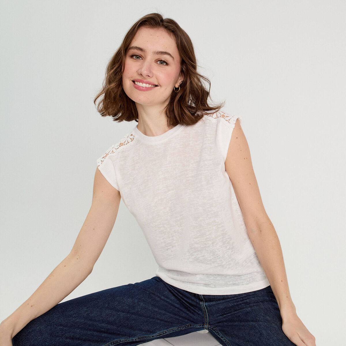 Débardeur épaules dentelle ecru femme