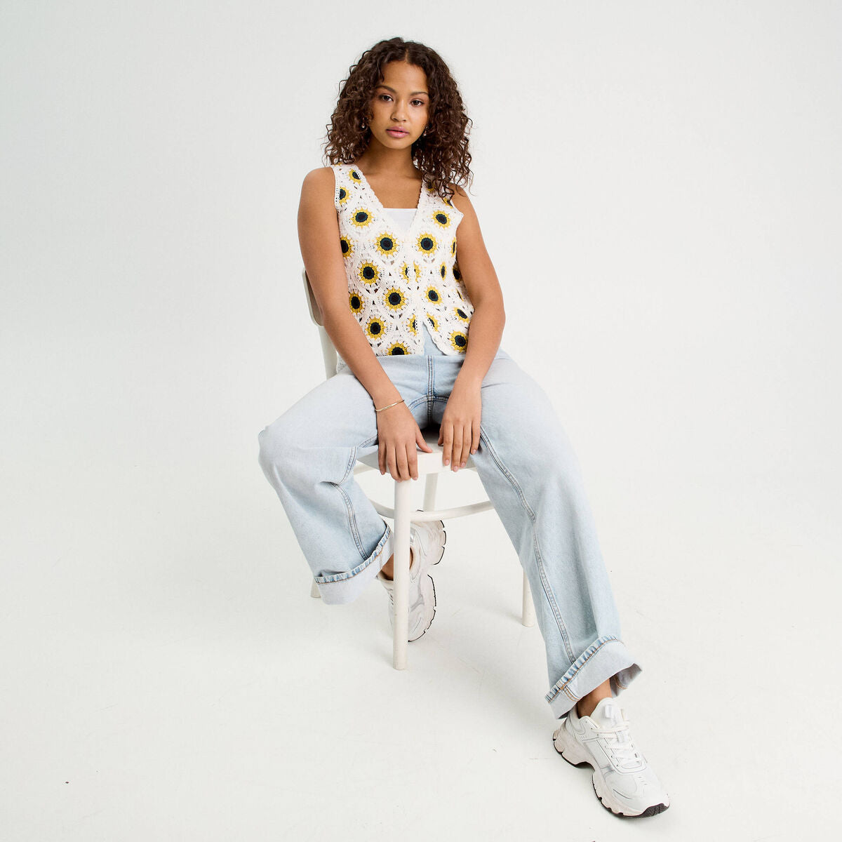 Débardeur crochet boutons ecru femme