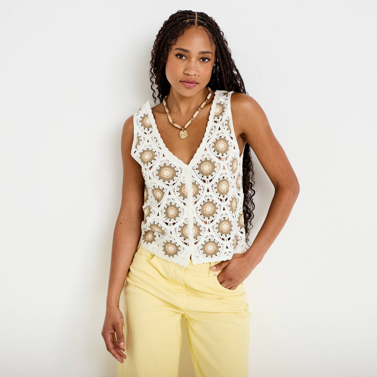 Débardeur crochet boutons ecru femme