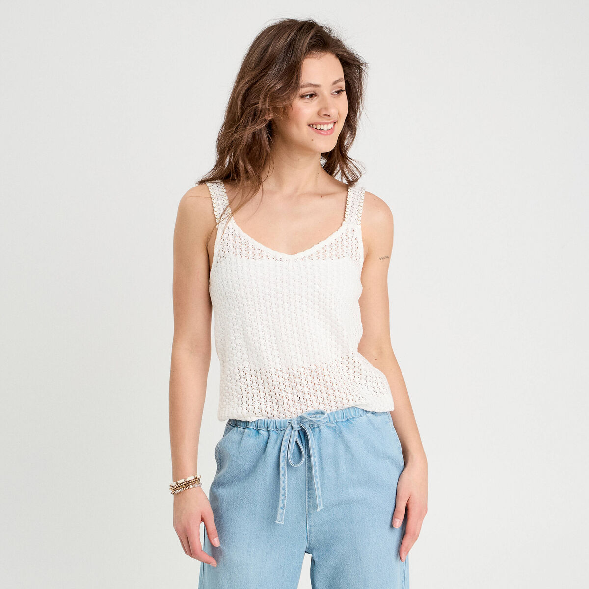 Débardeur effet crochet ecru femme