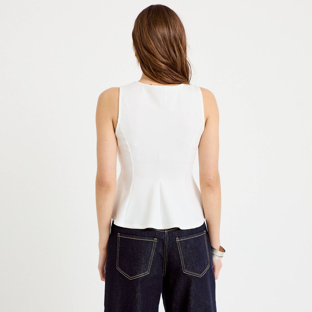 Top cintré col carré sans manches ecru femme