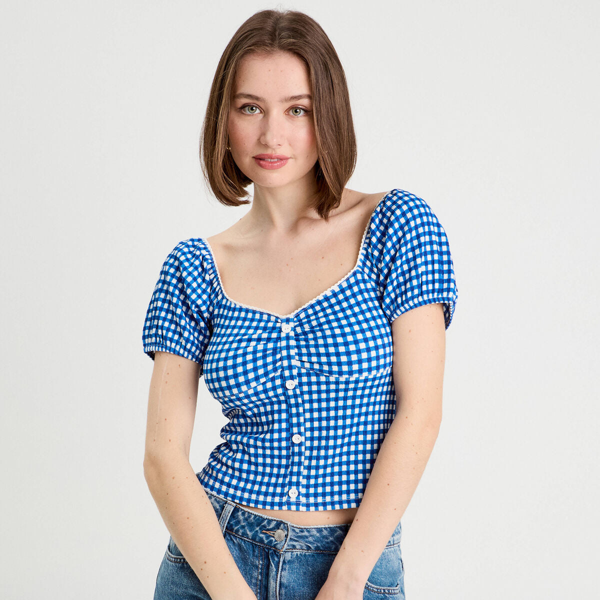 Blouse cropped bleu electrique femme