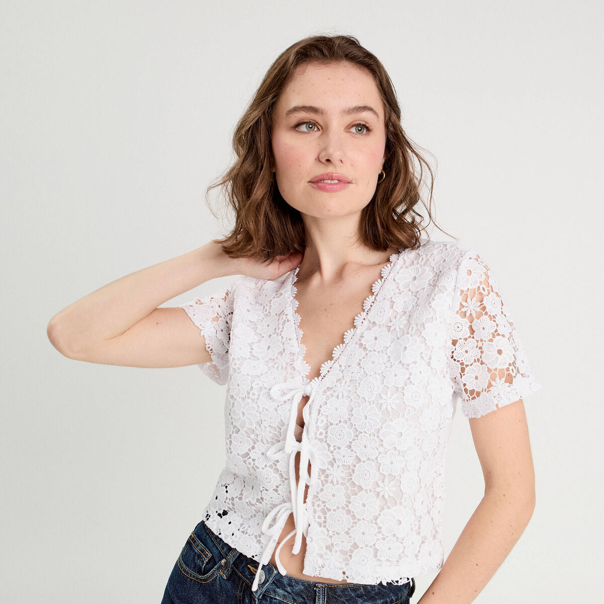 T-shirt noué dentelle guipure blanc femme
