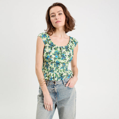 Blouse smockée manches courtes blanc femme