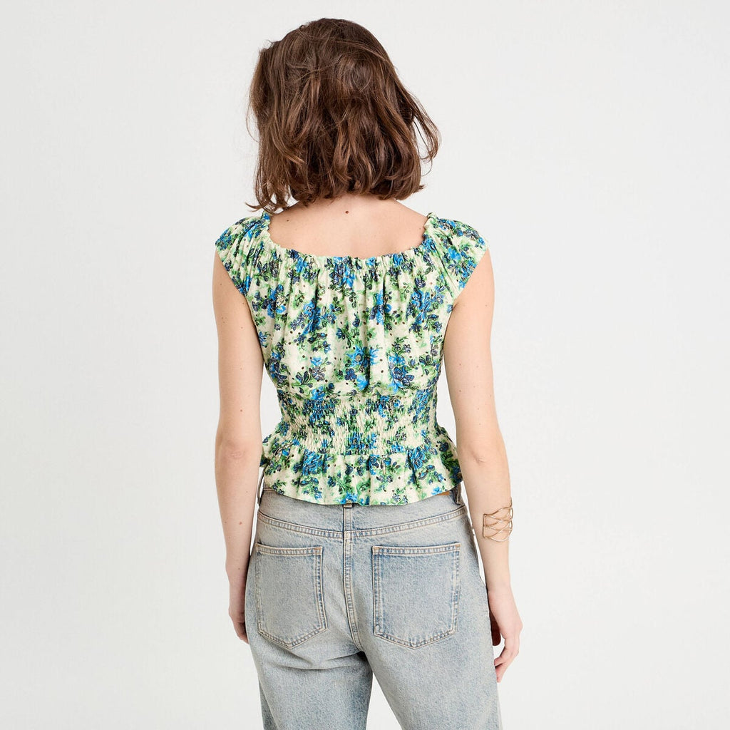 Blouse smockée manches courtes blanc femme
