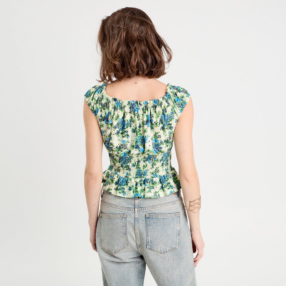 Blouse smockée manches courtes blanc femme