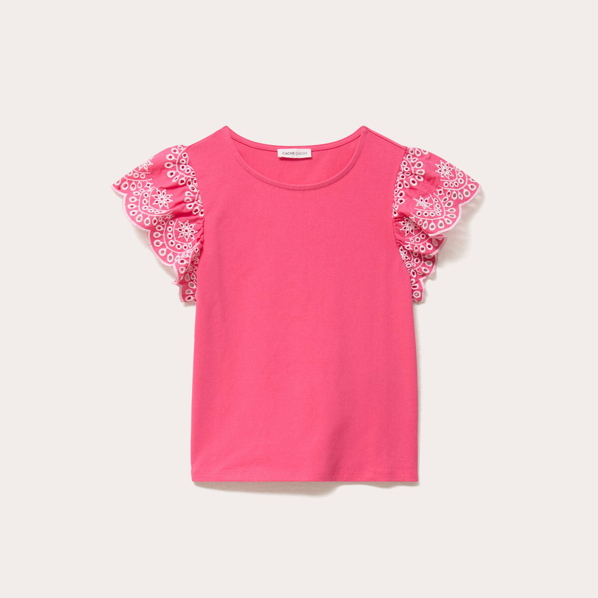 T-shirt manches brodées rose fushia femme