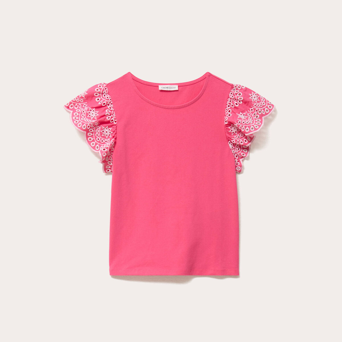 T-shirt manches brodées rose fushia femme