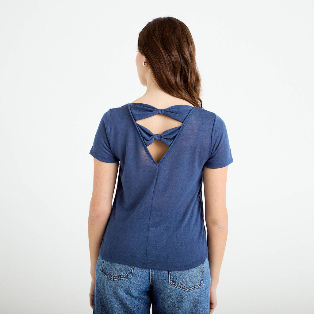T-shirt noeuds dos bleu foncé femme