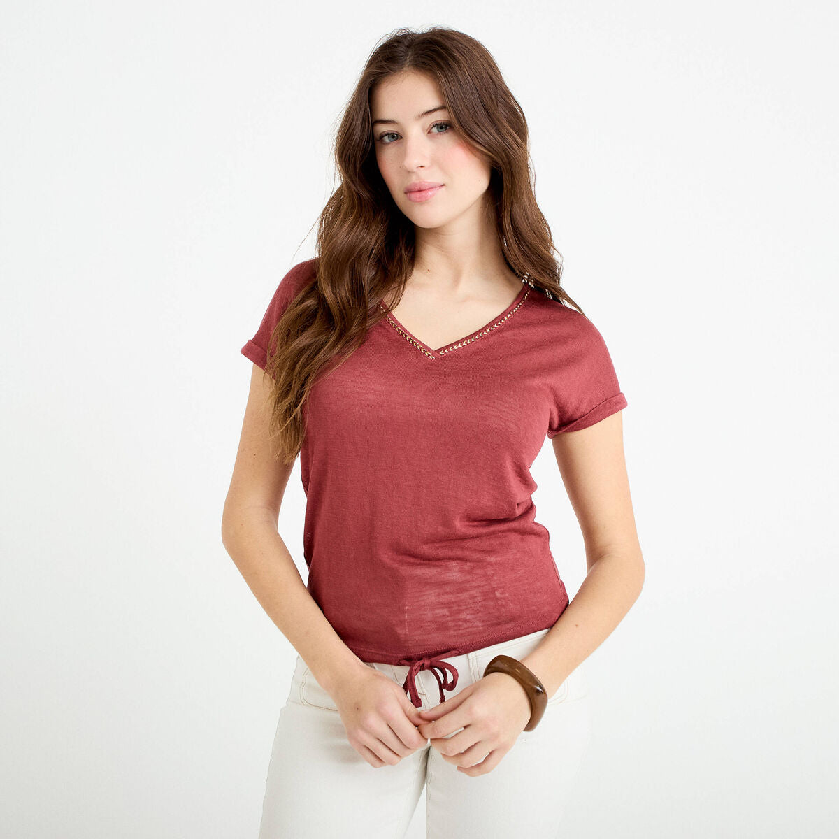 T-shirt détail noeud vieux rose femme