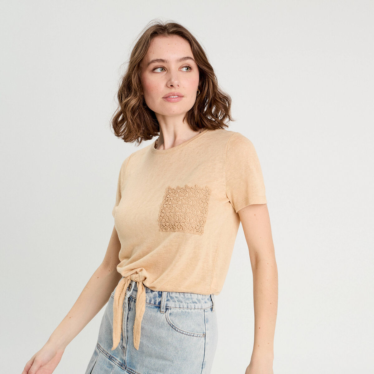 T-shirt détail noeud sable femme