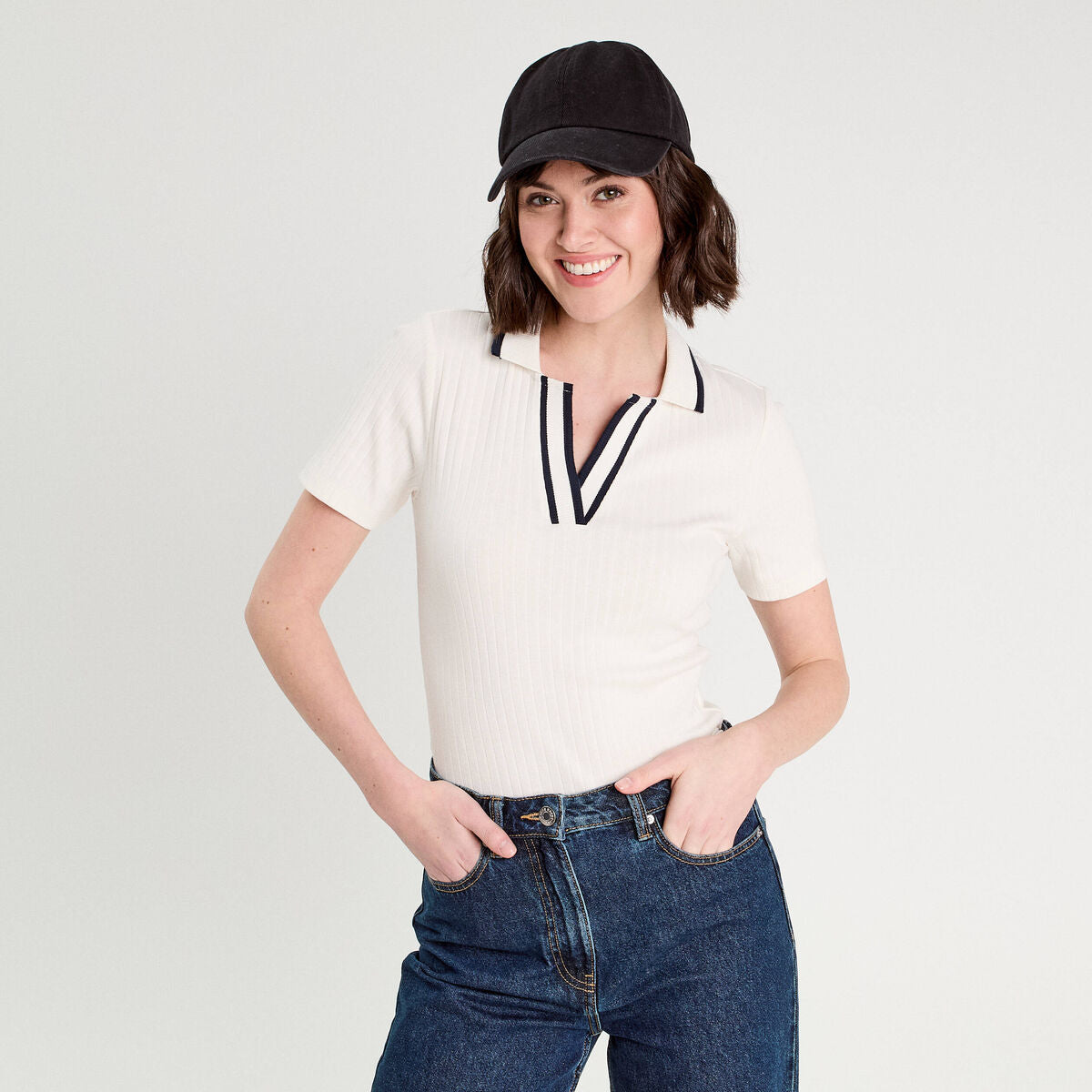 Polo côtelé manches courtes ecru femme
