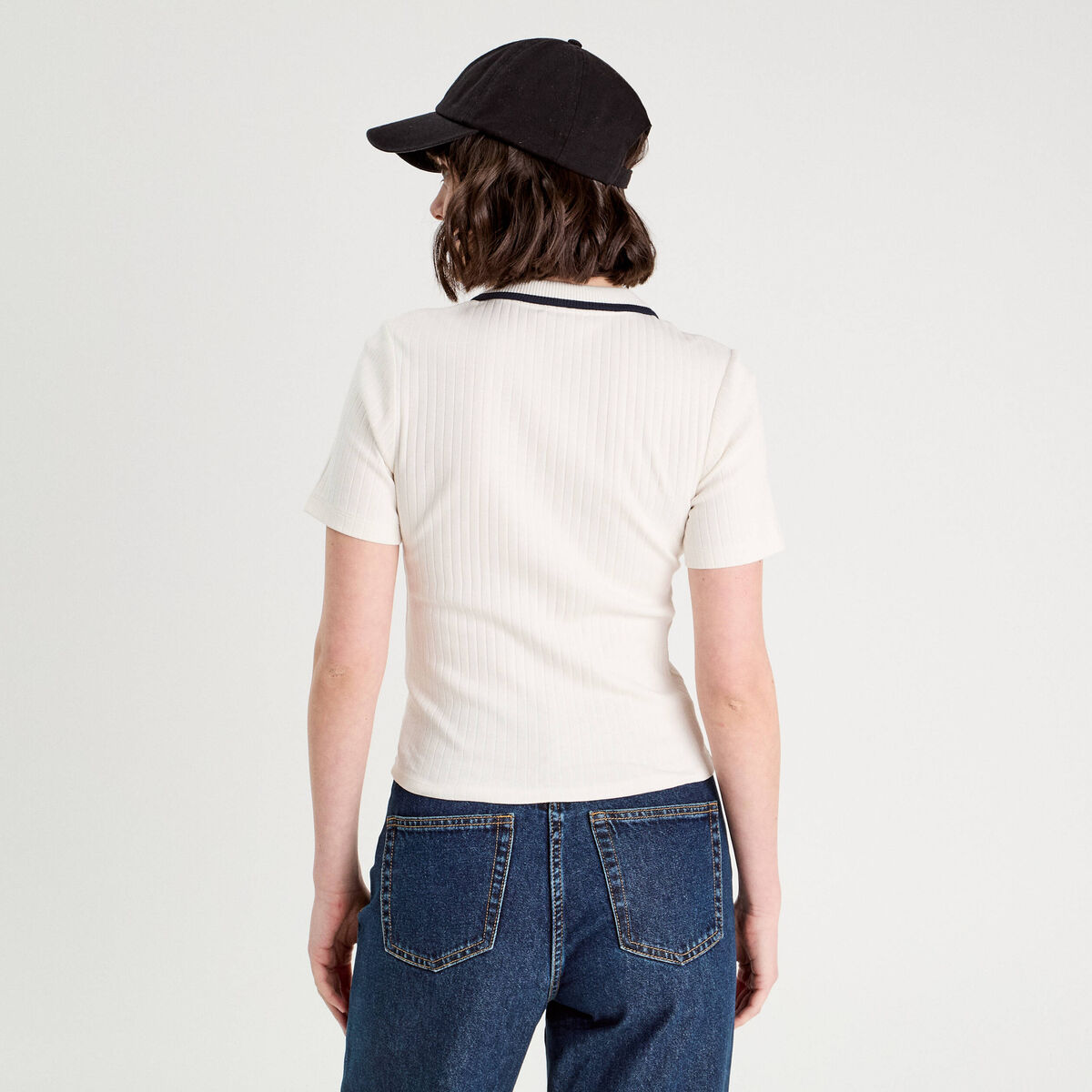 Polo côtelé manches courtes ecru femme