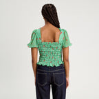 Blouse manches courtes smockée rouge femme