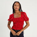 Blouse manches courtes smockée blanc femme
