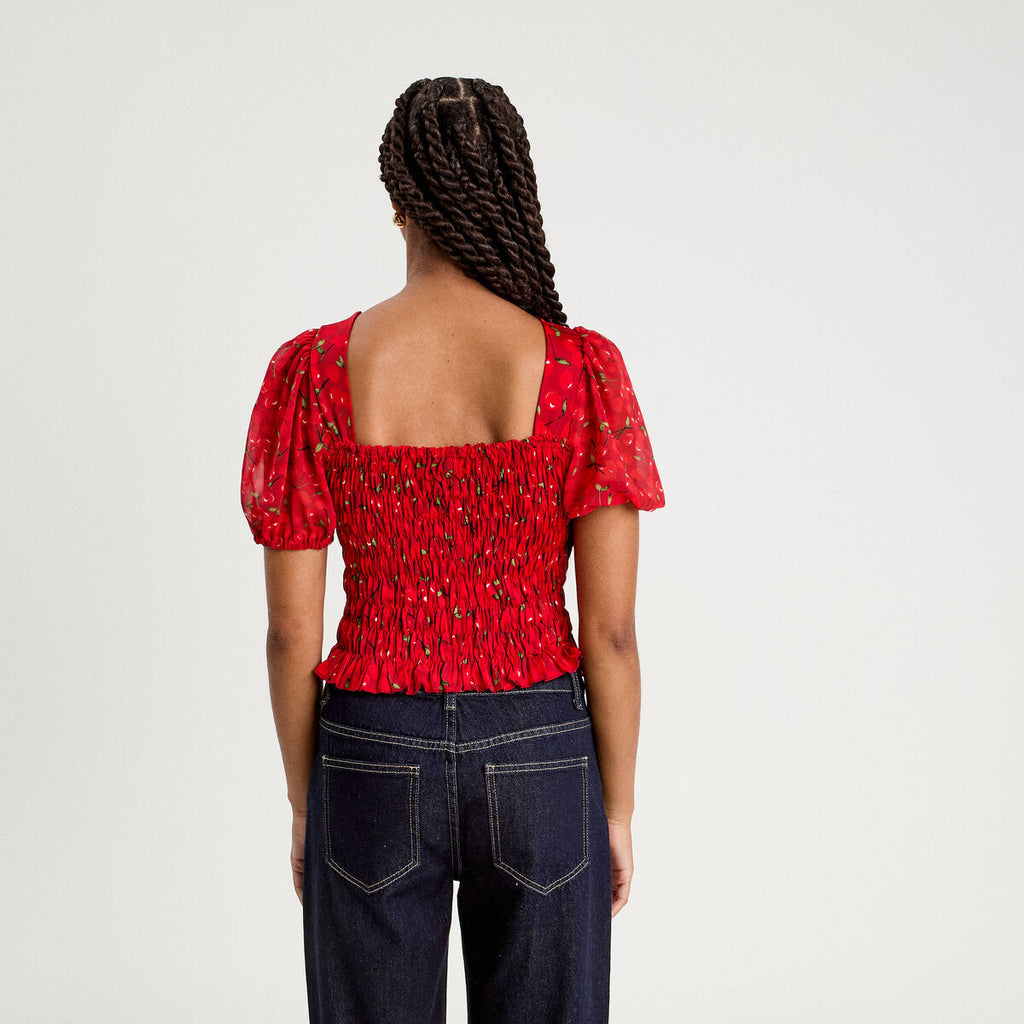 Blouse manches courtes smockée blanc femme