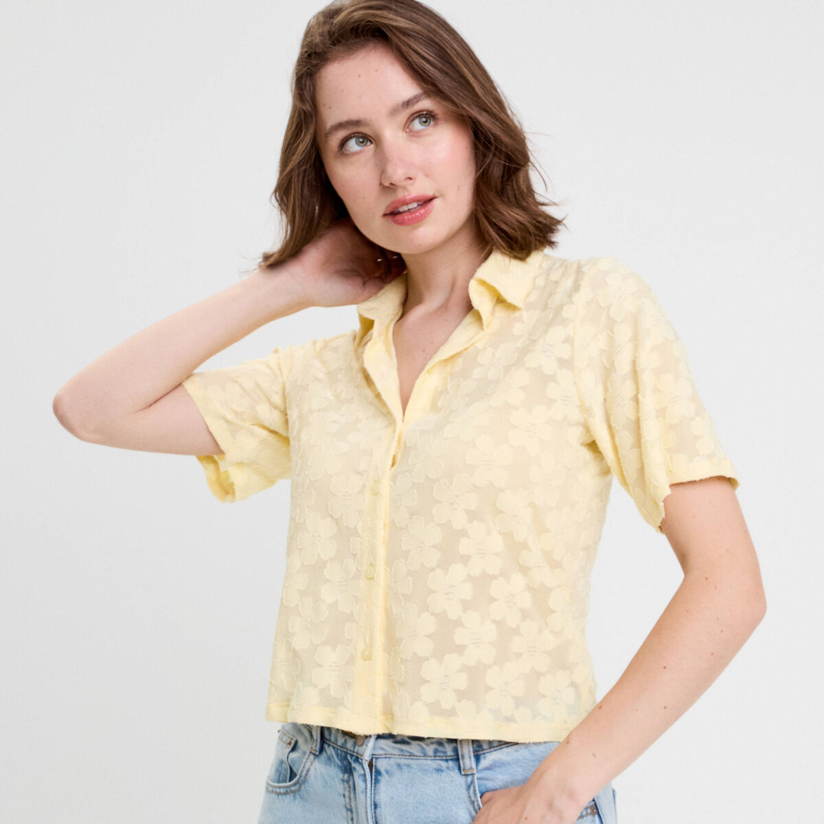 Chemise manches courtes jaune clair femme
