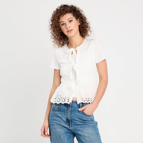 Blouse nouée détails brodés ecru femme