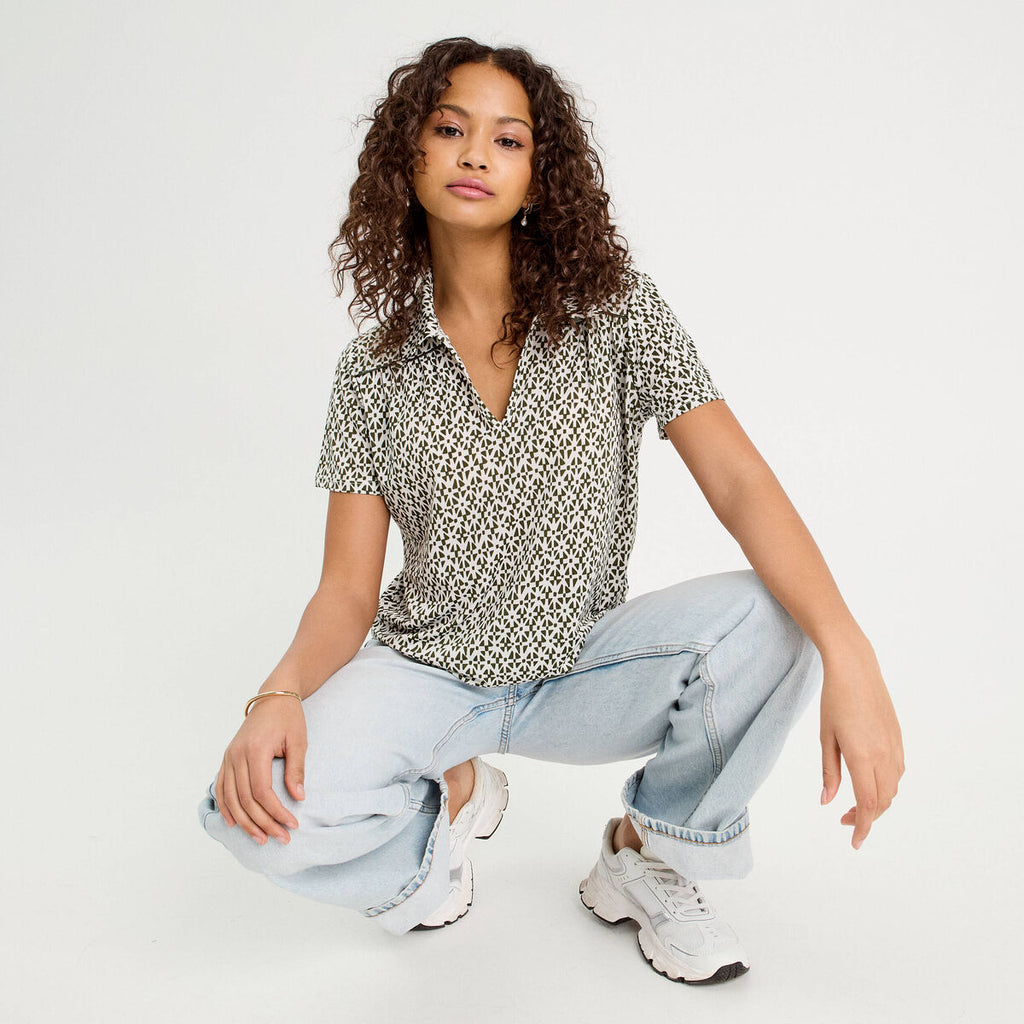 Blouse col polo vert olive femme