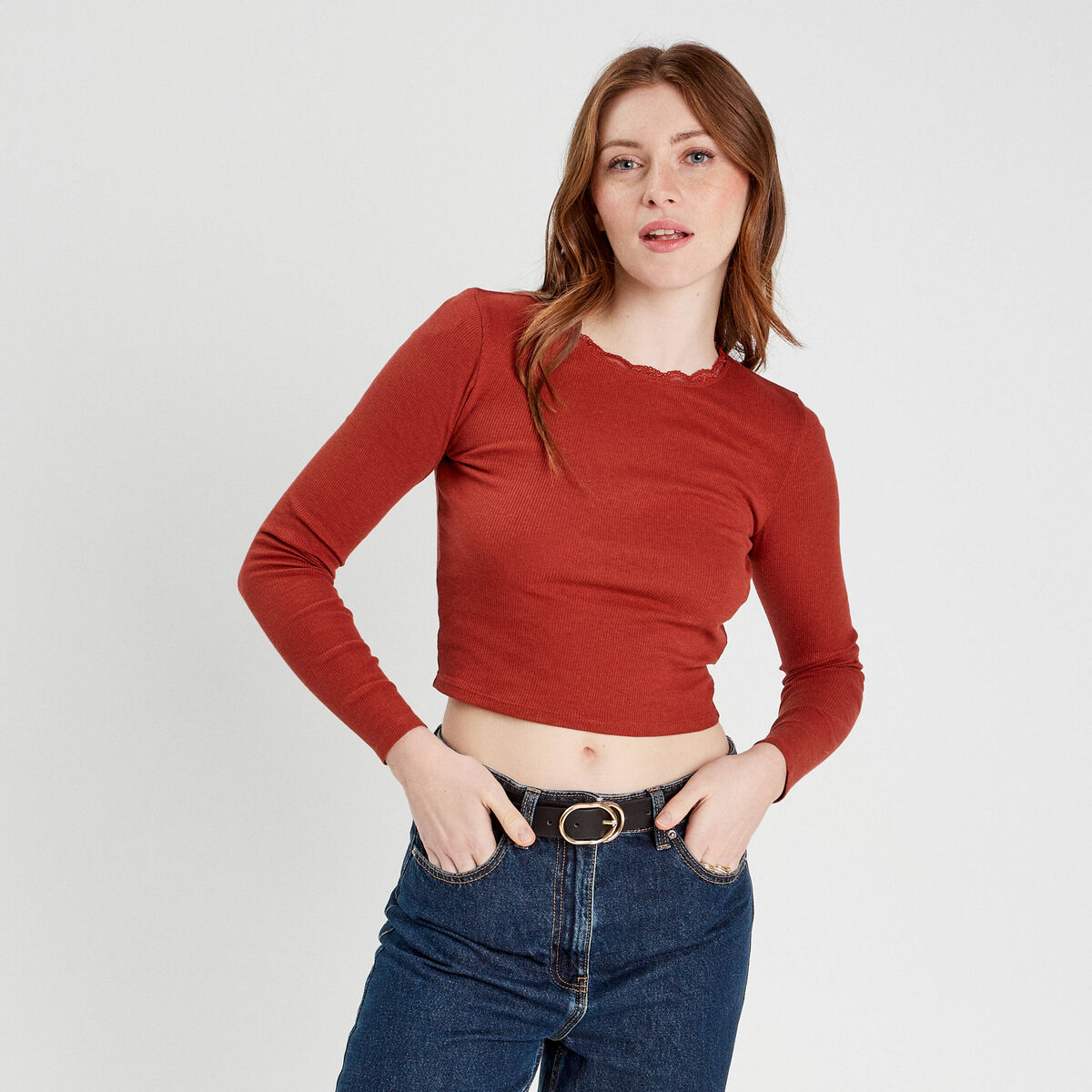 T-shirt cropped côtelé marron femme