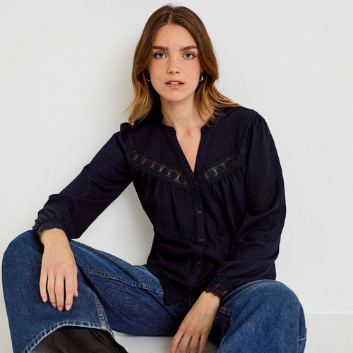 Blouse maille reliefée bleu marine femme