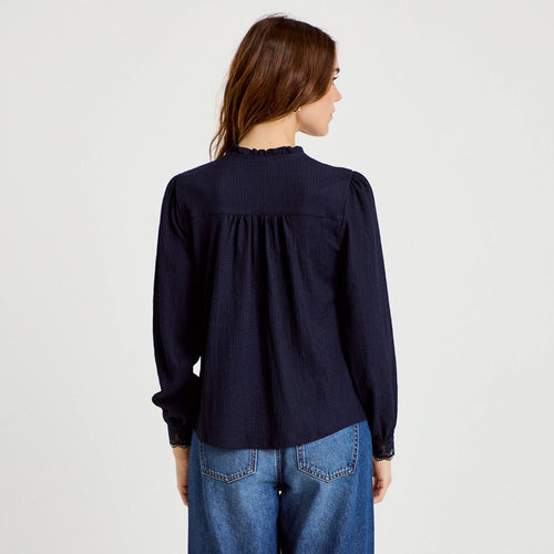 Blouse maille reliefée bleu marine femme
