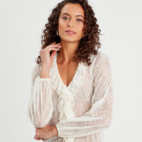 Blouse dentelle paillettes ecru femme