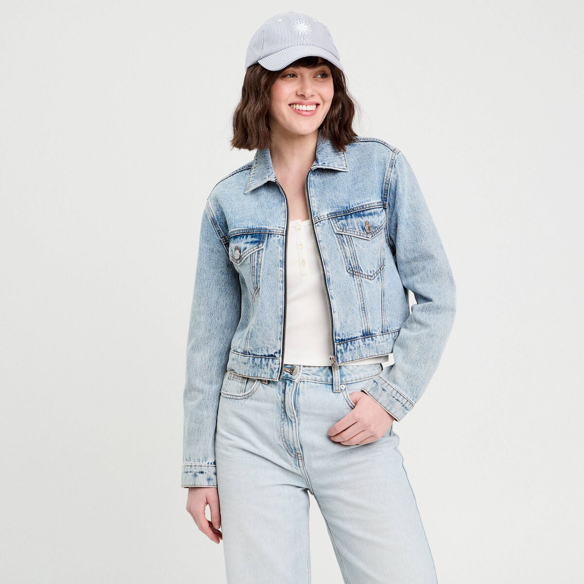 Veste zippée en jean denim stone femme