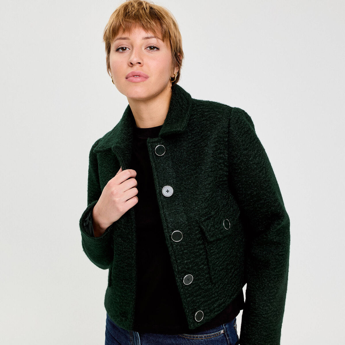 Veste bouclette boutonnée vert foncé femme