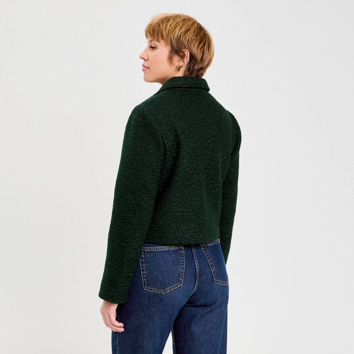 Veste bouclette boutonnée vert foncé femme