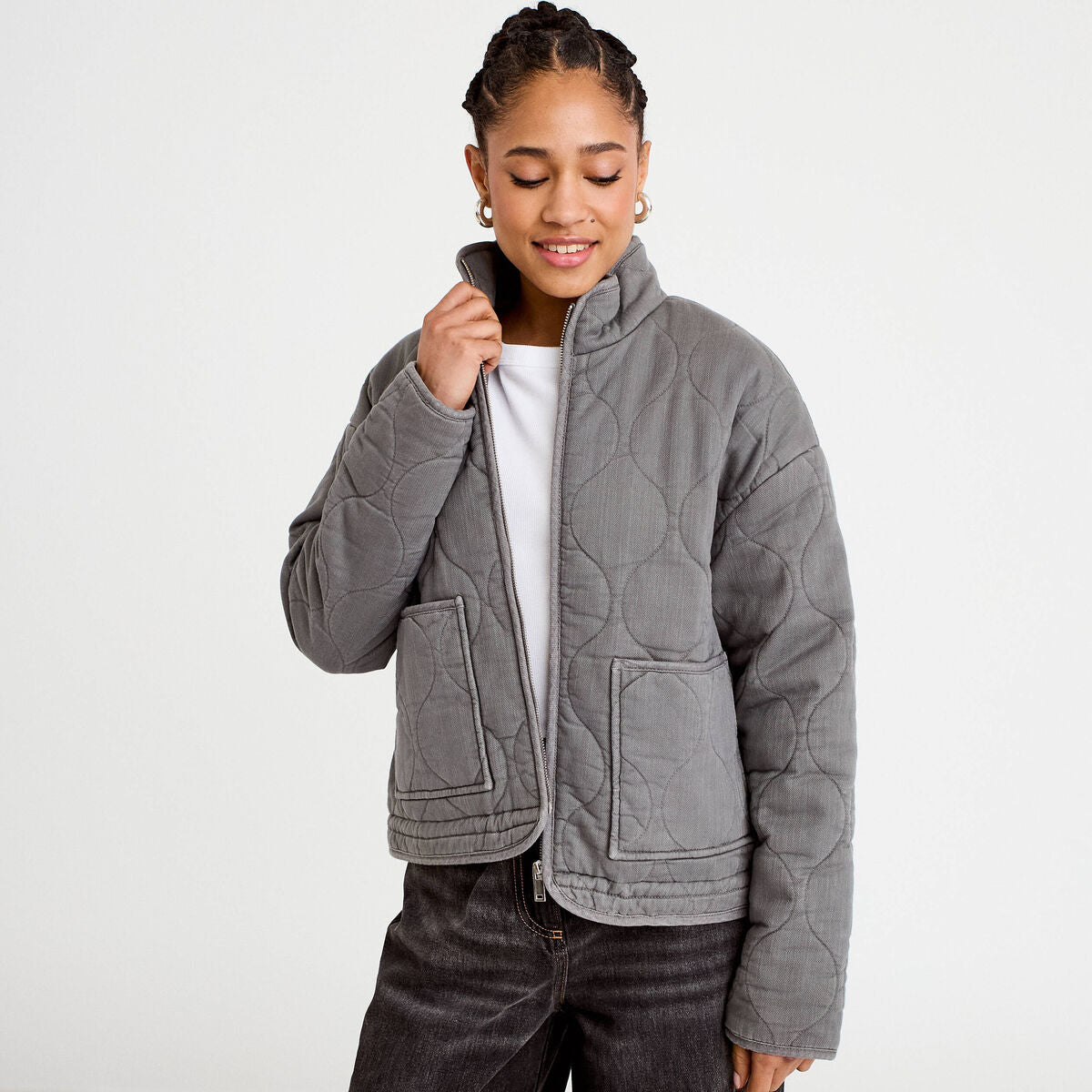 Veste matelassée zippée gris clair femme