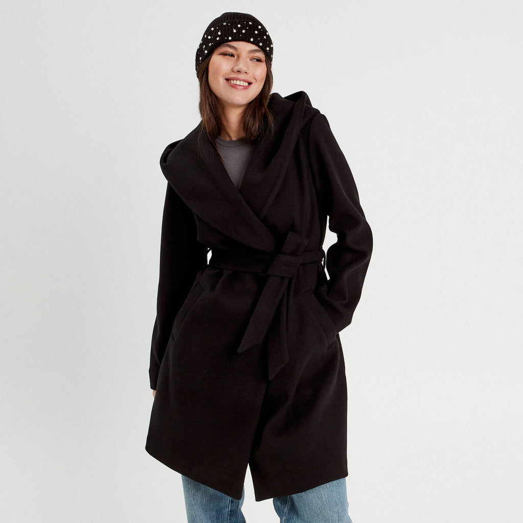 Manteau ceinturé à capuche noir femme