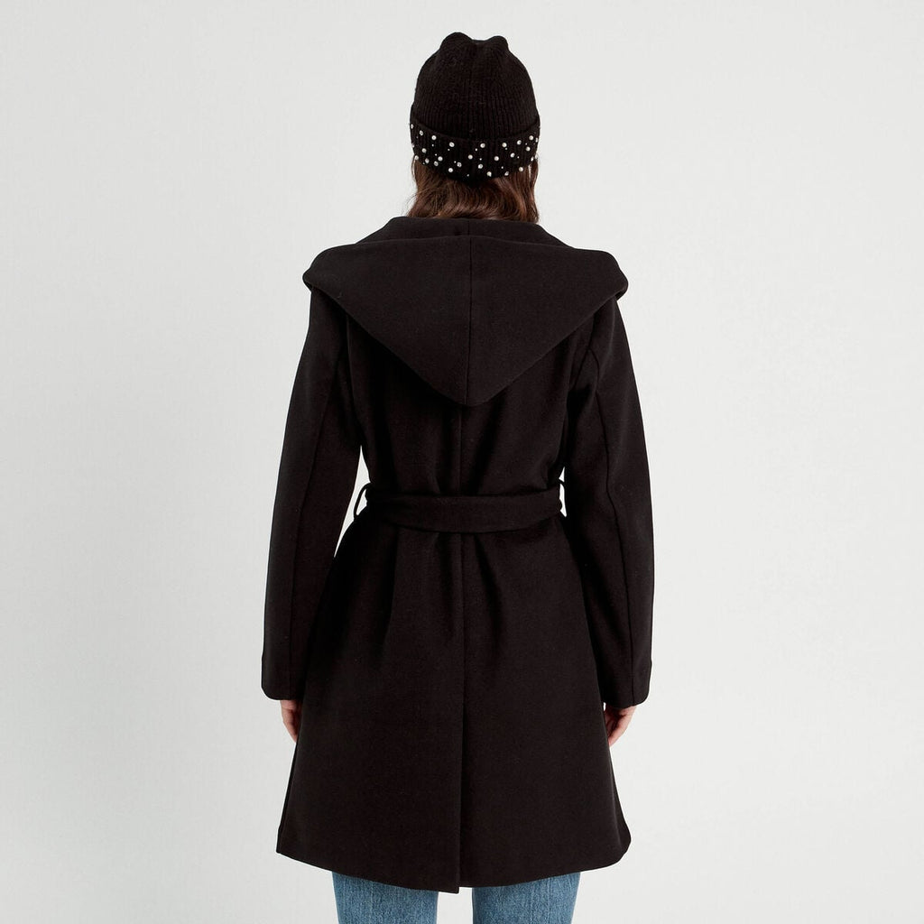 Manteau ceinturé à capuche noir femme